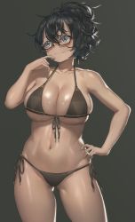 Rule 34 | 1girl, absurdres, bikini, black hair, blue eyes, breasts, brown bikini, cleavage, closed mouth, commentary, cowboy shot, crossed bangs, curvy, free style (yohan1754), front-tie bikini top, front-tie top, gradient background, grey background, hair between eyes, hair ornament, hand on own face, hand on own hip, highres, huge filesize, large breasts, navel, original, ponytail, semi-rimless eyewear, shiny skin, short hair, side-tie bikini bottom, simple background, skindentation, smile, solo, standing, stomach, string bikini, swimsuit, wavy hair
