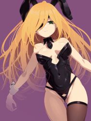 Rule 34 | 1girl, animal ears, black leotard, blonde hair, closed mouth, collarbone, commentary request, covered navel, cowboy shot, detached collar, eyepatch, fake animal ears, green eyes, highres, irokohaku, leotard, long hair, looking at viewer, othinus, playboy bunny, purple background, rabbit ears, simple background, single thighhigh, solo, standing, thighhighs, toaru majutsu no index, toaru majutsu no index: new testament, wrist cuffs