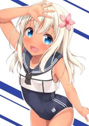 Rule 34 | 10s, 1girl, arm up, bad id, bad pixiv id, bare shoulders, blonde hair, blue eyes, blush, commentary request, crop top, fang, flower, from above, hair flower, hair ornament, highres, kantai collection, karutamo, long hair, looking at viewer, looking up, one-piece swimsuit, one-piece tan, open mouth, ro-500 (kancolle), sailor collar, school swimsuit, smile, solo, swimsuit, swimsuit under clothes, tan, tanline