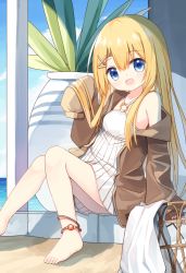 Rule 34 | 1girl, :d, anklet, bare shoulders, barefoot, blonde hair, blue eyes, brown jacket, day, dress, hair between eyes, hair ornament, hairclip, halterneck, horizon, jacket, jewelry, knees together feet apart, long hair, long sleeves, looking at viewer, o-ring, o-ring dress, ocean, open clothes, open jacket, open mouth, original, outdoors, plant, potted plant, puffy long sleeves, puffy sleeves, sitting, sleeves past fingers, sleeves past wrists, smile, solo, very long hair, water, white dress, x hair ornament, yuuhagi (amaretto-no-natsu)