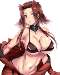 Rule 34 | 1girl, armpits, biker clothes, bikesuit, bikini, bikini under clothes, black bikini, black bra, bodysuit, bra, breasts, breasts day, bursting breasts, cleavage, female focus, flipped hair, izayoi aki, large breasts, looking at viewer, medium hair, navel, parted lips, red eyes, red hair, shiny skin, skindentation, solo, stomach, sweat, swimsuit, takecha, underboob, underwear, undressing, upper body, wide hips, yu-gi-oh!
