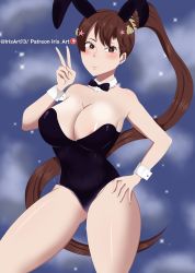 Rule 34 | 1girl, absurdres, areola slip, bare shoulders, black bow, black bowtie, black clover, black leotard, blush, bow, bowtie, breasts, brown eyes, brown hair, closed mouth, facing viewer, hair ornament, highres, iris art, kahono, large breasts, leotard, long hair, looking at viewer, playboy bunny, ponytail, rabbit ears, smile, tagme, v