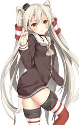 Rule 34 | 10s, 1girl, amatsukaze (kancolle), bad id, bad pixiv id, brown eyes, choker, dress, grey neckerchief, hair tubes, headgear, highres, kantai collection, long hair, looking at viewer, neckerchief, open mouth, red thighhighs, ro-ichi, sailor collar, sailor dress, silver hair, simple background, solo, striped clothes, striped thighhighs, thighhighs, two side up, very long hair, white background, zettai ryouiki