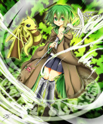Rule 34 | 1girl, absurdres, blush, collarbone, dragon, duel monster, green eyes, green hair, hair ornament, highres, jacket, long hair, looking at viewer, open mouth, petit dragon, ponytail, ribbon, skirt, smile, solo, staff, tahira ureka, wynn the wind charmer, yu-gi-oh!