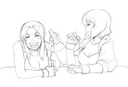 Rule 34 | 2girls, bar (place), bare shoulders, black lagoon, bottle, breasts, cleavage, crossover, cup, drawfag, drinking, drinking glass, fang, fingerless gloves, ghost in the shell, gloves, greyscale, highres, holster, jacket, kekekeke, kusanagi motoko, large breasts, laughing, lineart, monochrome, multiple girls, revy (black lagoon), short hair, shot glass, sidelocks, sketch, sleeves rolled up, unfinished
