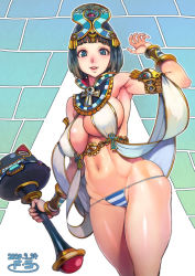 Rule 34 | 1girl, ancient princess menace, bad id, bad pixiv id, black hair, blue eyes, blush, breasts, crown, f.s., highres, large breasts, looking at viewer, menace (queen&#039;s blade), menace (queen's blade), navel, panties, queen&#039;s blade, revealing clothes, scepter, setra, shiny skin, short hair, smile, solo, standing, striped clothes, striped panties, underboob, underwear