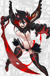 Rule 34 | 1girl, black gloves, black hair, black panties, black skirt, black thighhighs, blood, bloody weapon, blue eyes, breasts, commentary, english commentary, fang, fighting stance, foreshortening, gloves, grey background, highres, holding, holding weapon, horns, kill la kill, looking at viewer, matoi ryuuko, medium breasts, multicolored hair, nikusenpai, open clothes, open mouth, open skirt, panties, photoshop (medium), revealing clothes, scissor blade (kill la kill), senketsu, short hair, simple background, skirt, solo, streaked hair, suspenders, thighhighs, underwear, weapon