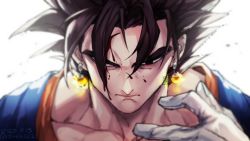 Rule 34 | 1boy, black eyes, black hair, blood, blood on face, closed mouth, dated, dragon ball, dragonball z, earrings, gloves, glowing, hair over one eye, injury, jewelry, male focus, signature, sinsin12121, solo, spiked hair, twitter username, upper body, vegetto, white gloves