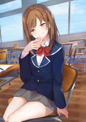 Rule 34 | 1girl, absurdres, blue shirt, blue sky, book, bow, brown eyes, brown hair, cellphone, chair, closed mouth, day, desk, flat chest, grey skirt, highres, holding, holding phone, indoors, leaning to the side, long sleeves, looking at viewer, md5 mismatch, medium hair, miniskirt, open book, original, pen, phone, red bow, red ribbon, ribbon, school, school chair, school desk, school uniform, shirt, sitting, skirt, sky, smartphone, smile, solo, window, wooden floor, yushima