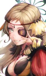 Rule 34 | 1girl, aduti momoyama, black feathers, blonde hair, breasts, circlet, cleavage, commentary, eyepatch, feather collar, feather trim, feathers, fire emblem, fire emblem fates, fire emblem heroes, floating clothes, grey eyes, grin, highres, large breasts, long hair, looking at viewer, nintendo, o-ring, official alternate costume, ophelia (fire emblem), ophelia (starlit maiden) (fire emblem), smile, solo, swept bangs, upper body, v, v over eye