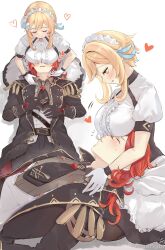 Rule 34 | 1boy, 1girl, alternate costume, black coat, black pants, black pantyhose, blonde hair, blush, breast smother, breasts, closed eyes, coat, diluc (genshin impact), dress, face to breasts, flower, genshin impact, gloves, hair flower, hair ornament, heart, hetero, highres, lap pillow, large breasts, long sleeves, lumine (genshin impact), lying, maid headdress, mirin pengin, multiple views, on back, pants, pantyhose, parted lips, puffy sleeves, short hair with long locks, short sleeves, simple background, white background, white dress, white gloves