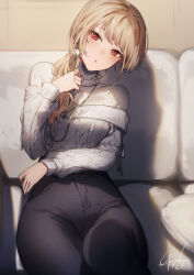 Rule 34 | 1girl, black pants, blonde hair, blush, earrings, furen e lustario, furen e lustario (4th costume), genyaky, hand up, head tilt, highres, jewelry, long hair, long sleeves, looking at viewer, necklace, nijisanji, open mouth, pants, red eyes, signature, solo, sweater tucked in