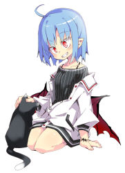 Rule 34 | 1girl, 1other, ahoge, alternate costume, arm support, bat wings, black cat, blue hair, cat, collarbone, commentary request, fang, jacket, noya makoto, off-shoulder jacket, off shoulder, petting, pointy ears, red eyes, remilia scarlet, short hair, simple background, sitting, smile, solo, spaghetti strap, touhou, white background, wings