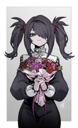 Rule 34 | 1girl, ame-chan (needy girl overdose), arikanrobo, black dress, black hair, border, bouquet, closed mouth, collared dress, cowboy shot, dress, flower, hair ornament, hair over one eye, highres, holding, holding bouquet, interlocked fingers, long hair, long sleeves, looking at viewer, needy girl overdose, outside border, own hands together, pink flower, pink rose, red flower, red rose, rose, signature, smile, solo, standing, twintails, white border, x hair ornament