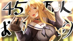 Rule 34 | 1girl, blonde hair, braid, breasts, choker, coffee cup, coffee maker, coffee pot, cup, dark-skinned female, dark elf, dark skin, disposable cup, dress, elf, french braid, half updo, highres, hololive, jewelry, large breasts, long hair, long sleeves, looking at viewer, maruno ball, open mouth, orange eyes, pendant, pendant choker, pinstripe dress, pinstripe pattern, pointy ears, sailor collar, sailor dress, shiranui flare, shiranui flare (street), short hair, smile, solo, striped, teeth, upper body, upper teeth only, virtual youtuber