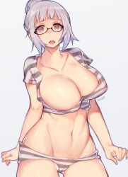 Rule 34 | 10s, 1girl, artist name, blush, breasts, brown eyes, cameltoe, cleavage, collarbone, crying, glasses, hair bun, highres, large breasts, looking at viewer, mukka, navel, open mouth, prison school, shiraki meiko, shirt, short hair, short shorts, shorts, silver hair, simple background, single hair bun, solo, stomach, striped clothes, striped shirt, tears, white background