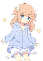 Rule 34 | 1girl, blue eyes, blue hoodie, blunt bangs, blush, closed mouth, collarbone, cowboy shot, dot nose, drawstring, flat chest, hair ornament, head tilt, highres, hood, hood down, hoodie, long hair, long sleeves, looking at viewer, orange hair, original, pom pom (clothes), pom pom hair ornament, shorts, sidelocks, simple background, sleeve cuffs, smile, solo, two side up, tyakomes, v-shaped eyebrows, variant set, white background, white shorts