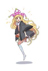 Rule 34 | 1girl, alien (psr992), american flag dress, american flag legwear, blonde hair, blush stickers, clownpiece, commentary request, dress, fang, full body, hat, highres, japanese clothes, jester cap, kimono, long hair, neck ruff, open mouth, pantyhose, pink hat, polka dot, red eyes, romaji text, shadow, short dress, simple background, smile, solo, star (symbol), star print, striped, touhou, very long hair, white background, wide sleeves, yukata