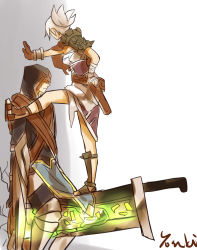 Rule 34 | 1boy, 1girl, against wall, bad id, bad pixiv id, bandaged arm, bandages, broken, broken sword, broken weapon, folded ponytail, forehead protector, highres, huge weapon, league of legends, looking at another, riven (league of legends), short hair, sketch, standing, sword, talon (league of legends), weapon, white hair, yosuki (yo sukan)