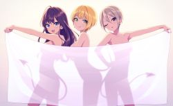 Rule 34 | 3girls, :3, agata (agatha), ahoge, armpits, black eyes, blonde hair, blue eyes, blush, breasts, brown hair, closed mouth, collarbone, commentary, completely nude, covering privates, demon tail, green eyes, grey hair, hair between eyes, highres, holding, ichinose shiki, idolmaster, idolmaster cinderella girls, licking lips, long hair, looking at viewer, medium breasts, miyamoto frederica, multiple girls, nude, nude cover, one eye closed, open mouth, parted lips, shiomi syuko, short hair, silhouette, smile, tail, tongue, tongue out