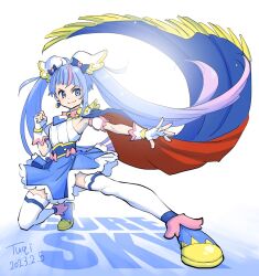 Rule 34 | 1girl, ahoge, blue eyes, blue hair, blue skirt, cape, clenched hand, commentary request, cure sky, detached sleeves, earrings, fingerless gloves, gloves, gradient hair, highres, hirogaru sky! precure, jewelry, long hair, magical girl, multicolored hair, precure, puffy detached sleeves, puffy sleeves, single sidelock, skirt, smile, solo, sora harewataru, thighhighs, tuqi pix, two-sided cape, two-sided fabric, very long hair, white gloves, white thighhighs, wing hair ornament