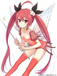 Rule 34 | 1girl, ahoge, black ribbon, blush, breasts, butterfly wings, choker, cleavage, collarbone, date a live, fang, fang out, flower, hair between eyes, hair flower, hair ornament, hair ribbon, holding, insect wings, itsuka kotori, konoe (fogtracks), leotard, long hair, looking at viewer, mini person, minigirl, needle, red eyes, red hair, red leotard, red thighhighs, ribbon, sewing needle, short sleeves, small breasts, smile, solo, thighhighs, transparent background, twintails, very long hair, weapon, white flower, wings