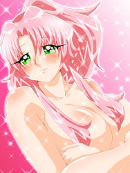Rule 34 | 1girl, blush, breast hold, breasts, closed mouth, convenient censoring, eyes visible through hair, gradient background, green eyes, hair censor, hair over breasts, inabakun00, large breasts, light smile, long hair, looking at viewer, nude, original, pink background, pink hair, ponytail, rio (inaba), solo, sparkle, sparkle background, upper body