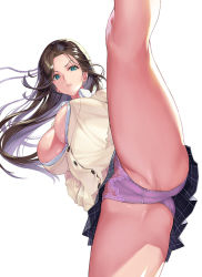 Rule 34 | 1girl, ass, blue eyes, breasts, brown hair, cameltoe, cardigan, cleft of venus, collared shirt, expressionless, floating hair, groin, kicking, large breasts, leg up, long hair, looking at viewer, original, panties, pantyshot, parted bangs, partially unbuttoned, partially visible vulva, plaid, plaid skirt, pleated skirt, purple panties, sage joh, school uniform, shirt, sidelocks, simple background, skirt, solo, thighs, underwear, very long hair, white background