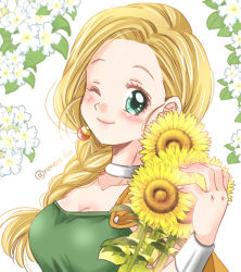 Rule 34 | 1girl, bianca (dq5), blonde hair, blush, bracelet, braid, breasts, cape, choker, cleavage, closed mouth, commentary request, dragon quest, dragon quest v, earrings, floral background, flower, hair over shoulder, jewelry, large breasts, long hair, neneco dqx, one eye closed, single braid, smile, solo, sunflower, twitter username