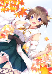 Rule 34 | 1girl, artist logo, autumn leaves, bare shoulders, boots, brown hair, cowboy shot, dated, detached sleeves, flipped hair, green skirt, hairband, headgear, hiei (kancolle), highres, kantai collection, looking at viewer, mashiro yukiya, no legwear, nontraditional miko, plaid, plaid skirt, ribbon-trimmed sleeves, ribbon trim, short hair, skirt, solo, thigh boots, thighhighs, unmoving pattern, w arms