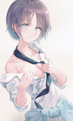 Rule 34 | 1girl, asakura toru, bare shoulders, black necktie, blue eyes, breasts, brown hair, clothes around waist, commentary request, highres, idolmaster, idolmaster shiny colors, looking at viewer, moda (mo da 3), necktie, unworn necktie, shirt, short hair, simple background, small breasts, smile, solo, sweater, sweater around waist, tears, white background, white shirt