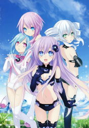Rule 34 | 4girls, :d, :o, absurdres, back, bare shoulders, black gloves, black sister, blue eyes, blue hair, blush, boots, breasts, building, bustier, choujigen game neptune mk2, cleavage, cleavage cutout, clothing cutout, cloud, day, drill hair, elbow gloves, emblem, flower, gloves, gradient hair, grass, green eyes, hair ornament, hand on own chest, highres, leotard, light particles, long hair, looking at viewer, looking back, medium breasts, midriff, multicolored hair, multiple girls, navel, nepgear, neptune (series), official art, open mouth, outdoors, own hands together, pink eyes, pink hair, power symbol, power symbol-shaped pupils, purple hair, purple sister, ram (neptunia), revealing clothes, rom (neptunia), smile, standing, symbol-shaped pupils, thigh gap, thighhighs, tsunako, twin drills, uni (neptunia), white gloves, white hair, white sister ram, white sister rom
