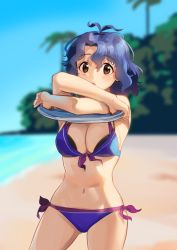 Rule 34 | 1girl, antenna hair, beach, bikini, blue bikini, blue hair, blue sky, blurry, blurry background, breasts, brown eyes, clear sky, cleavage, clothes lift, commentary, cowboy shot, day, depth of field, front-tie bikini top, front-tie top, idolmaster, idolmaster million live!, kamille (vcx68), lifting own clothes, looking at viewer, medium breasts, multi-strapped bikini, navel, open mouth, outdoors, shirt lift, short hair, side-tie bikini bottom, sky, solo, standing, swimsuit, toyokawa fuka