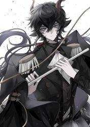 Rule 34 | 1boy, absurdres, arknights, ascot, black hair, black jacket, brooch, ebenholz (arknights), epaulettes, goat horns, hair between eyes, heichuanshiyao, highres, holding, holding instrument, horns, instrument, jacket, jewelry, long hair, long sleeves, looking at viewer, male focus, purple eyes, solo, upper body, white ascot, white background