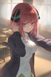 Rule 34 | 1girl, absurdres, black cardigan, black ribbon, blue eyes, blunt bangs, blush, breasts, butterfly hair ornament, cardigan, classroom, frown, go-toubun no hanayome, green skirt, hair ornament, highres, holding, holding hair, indoors, large breasts, looking at viewer, nakano nino, nogi momoko, open cardigan, open clothes, pink hair, ribbon, school uniform, shirt, skirt, twintails, v-shaped eyebrows, white shirt