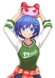 Rule 34 | 1girl, absurdres, blue eyes, blue hair, blue pants, breasts, clothes around waist, collarbone, grin, hair ornament, highres, holding, kunimaki, looking at viewer, magicami, pants, short hair, sidelocks, small breasts, smile, tomonaga kaori, two-tone shirt
