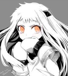 Rule 34 | 10s, 1girl, abyssal ship, bad id, bad pixiv id, blush, colored skin, hinase kei, kantai collection, long hair, mittens, northern ocean princess, orange eyes, red eyes, solo, spot color, white hair, white skin
