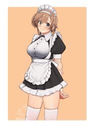 Rule 34 | 1girl, absurdres, alternate costume, apron, arms behind back, black dress, breasts, commentary request, contrapposto, dress, enmaided, gradient background, grey eyes, highres, kantai collection, light brown hair, long hair, low twintails, maid, maid headdress, medium breasts, mochizou, orange background, puffy sleeves, short sleeves, smile, solo, standing, teruzuki (kancolle), thighhighs, twintails, white apron, white thighhighs