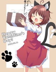 Rule 34 | 1girl, :d, absurdres, ahoge, animal ear fluff, animal ears, arms up, bow, bowtie, box, brown hair, cat ears, cat tail, chen, closed eyes, commentary request, dress, fang, feet out of frame, flat chest, frills, gift, gift box, gold trim, happy, happy valentine, heart, heart ahoge, heart tail, highres, holding, holding box, long sleeves, messy hair, multiple tails, nekomata, no headwear, open mouth, outstretched arms, paw print, petite, petticoat, puffy long sleeves, puffy sleeves, red dress, short hair, simple background, smile, solo, standing, tail, touhou, two tails, white background, white bow, white bowtie, yaminabe (honnouji no kaninabe)