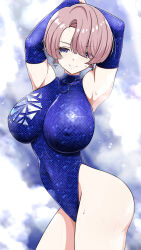 1girl absurdres arimura_mao armpits blue_eyes blue_gloves blue_leotard breasts cowboy_shot elbow_gloves gakuen_idolmaster gloves grey_eyes hair_over_one_eye heattech_leotard highleg highleg_leotard highres idolmaster large_breasts leotard sakurein sequins short_hair solo split_mouth sweat turtleneck