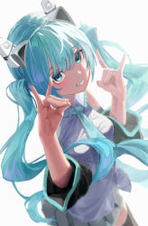 Rule 34 | 1girl, :d, absurdres, aqua eyes, aqua hair, aqua necktie, black skirt, black thighhighs, blush, breasts, collared shirt, double fox shadow puppet, eyebrows hidden by hair, fox shadow puppet, from above, grey shirt, grin, hands up, hatsune miku, headgear, highres, long hair, looking at viewer, looking up, miniskirt, necktie, open mouth, parted lips, pleated skirt, rerendi, shirt, skirt, small breasts, smile, solo, thighhighs, twintails, very long hair, vocaloid