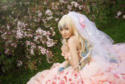 Rule 34 | cosplay, dress, multicolored hair, nia teppelin, photo (medium), sitting, tengen toppa gurren lagann, wedding dress
