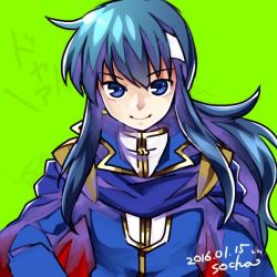 Rule 34 | 1boy, blue eyes, blue hair, cape, fire emblem, fire emblem: genealogy of the holy war, green background, hair ornament, looking at viewer, male focus, nintendo, ponytail, seliph (fire emblem), simple background, smile, socha, solo, twitter username