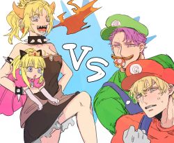 Rule 34 | 2boys, 2girls, ahoge, artoria pendragon (all), artoria pendragon (fate), black dress, blonde hair, blouse, blue overalls, bowsette, bowsette (cosplay), bracelet, breath weapon, breathing fire, collar, commentary request, cosplay, crown, dress, fate/grand order, fate (series), fire, gawain (fate), green hat, green shirt, hair ribbon, hat, highres, horns, jewelry, lancelot (fate/grand order), luigi, luigi (cosplay), mario, mario (cosplay), mario (series), matimatio, mordred (fate), mordred (fate/apocrypha), multiple boys, multiple girls, mushroom, new super mario bros. u deluxe, nintendo, overalls, pink dress, ponytail, princess peach, princess peach (cosplay), purple eyes, purple hair, ribbon, saber (fate), saber lily, sharp teeth, shirt, spiked bracelet, spiked collar, spikes, super crown, teeth