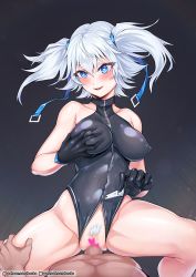 Rule 34 | 1boy, 1girl, :d, bare legs, bare shoulders, black gloves, black leotard, blue eyes, blush, breasts, censored, commentary, covered navel, cowgirl position, crotch zipper, english commentary, female pubic hair, girls&#039; frontline, gloves, grabbing own breast, heart, heart-shaped pupils, hetero, leotard, looking at viewer, medium breasts, medium hair, mosaic censoring, open mouth, pa-15 (girls&#039; frontline), penis, pubic hair, pussy, rebe11, sex, silver hair, skin tight, smile, solo focus, straddling, symbol-shaped pupils, twintails, vaginal, zipper