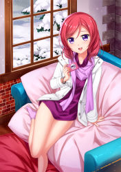 Rule 34 | 10s, 1girl, blue eyes, bracelet, camera, coat, couch, highres, holding, jacket, jewelry, legs, long hair, long sleeves, looking at viewer, love live!, love live! school idol festival, love live! school idol project, nishikino maki, no pants, open mouth, purple eyes, red hair, scarf, shirt, sitting, smile, snow, socks, solo, thigh gap, thighs, tree, tucana, window, winter