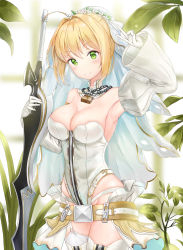 Rule 34 | 1girl, absurdres, ahoge, armpits, bare shoulders, belt, blonde hair, blush, breasts, chain, cleavage, commentary request, cowboy shot, detached collar, detached sleeves, fate/extra, fate/extra ccc, fate/grand order, fate (series), flower, full-length zipper, garter straps, gloves, green eyes, hair intakes, hand up, highres, holding, holding sword, holding weapon, juliet sleeves, kitin, large breasts, leaf, leotard, lock, long sleeves, looking at viewer, nero claudius (bride) (fate), nero claudius (bride) (second ascension) (fate), nero claudius (fate), nero claudius (fate) (all), padlock, plant, puffy sleeves, revision, short hair, smile, solo, sword, thighhighs, thighs, v, veil, weapon, white flower, white gloves, white leotard, white thighhighs, wide sleeves, zipper