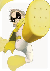 Rule 34 | 10s, 1boy, beard, belt, bodysuit, boku no hero academia, boots, brown eyes, cape, facial hair, gloves, gran torino (boku no hero academia), grey hair, male focus, mask, old, old man, simple background, solo, white background, y re n