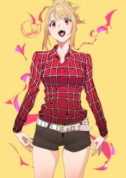 Rule 34 | 1girl, belt, blonde hair, brown shorts, collared shirt, commentary request, fangs, feet out of frame, henken, highres, long sleeves, open mouth, original, plaid, plaid shirt, ponytail, red eyes, red shirt, shirt, shorts, sienna (henken), signature, simple background, solo, thighs, tongue, vampire, white belt, yellow background