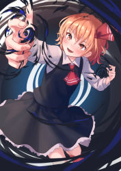 Rule 34 | 1girl, ascot, black skirt, black vest, blonde hair, blouse, blush, collared shirt, commentary request, darkness, fang, foreshortening, hair ribbon, highres, long sleeves, red ascot, red eyes, red ribbon, ribbon, roke (taikodon), rumia, shirt, short hair, skin fang, skirt, solo, touhou, vest, white shirt